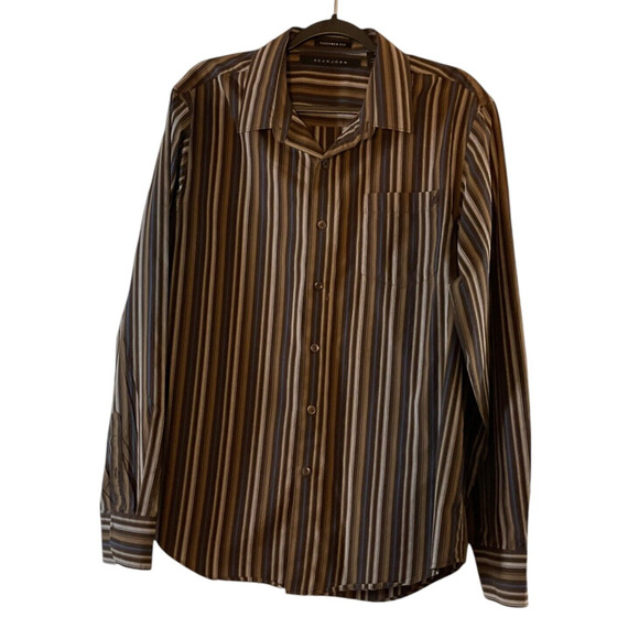 Sean John Men's XL Brown Tan Blue Shirt Striped Long Sleeve Tailored Fit Fall - Picture 1 of 9
